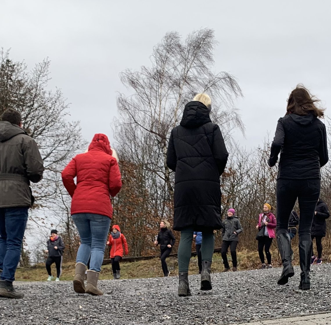 Eine Gruppe Kurgäste beim Frühsport am Waldrand