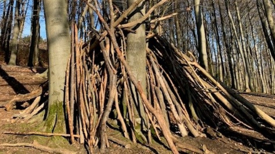 Ein selbst gebautes Tipi aus Ästen im Wald an der Kurklinik UNIVITA Gut Holmecke